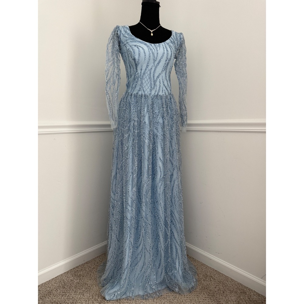 Whimsigoth Ice Blue beaded Formal Gown Fairycore Long Sleeve Mesh Dress XS/S - Picture 2 of 13